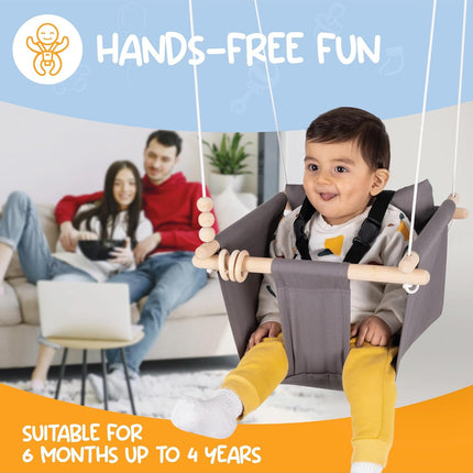 Indoor Outdoor Baby Swing with 3-Point Harness and Hardware for Ceiling, Porch, Doorway, Canvas Toddler Swing Seat Dark Gray