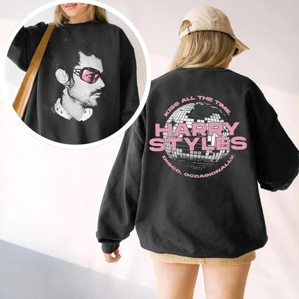 Handmade Harry Kiss All The Time Sweatshirt, Disco Occasionally Disco Ball Front and Back Crewneck, Fan Gift Retro Concert Tour Unisex Multicolor