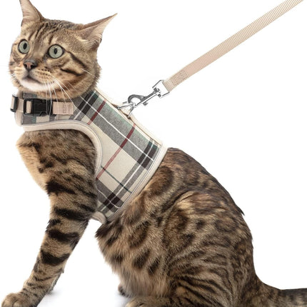 PUPTECK Soft Mesh Cat Vest Harness and Leash Set Puppy Padded Pet Harnesses Escape Proof for Cats Small Dogs Rabbits Bunny, Plaid Beige, XL