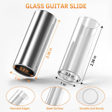Guitar Slide Set – 2-Piece Glass & Stainless Steel Slide for Guitar & Bass, Medium Tone Bar, Smooth Sustain and Clear Slide Sound
