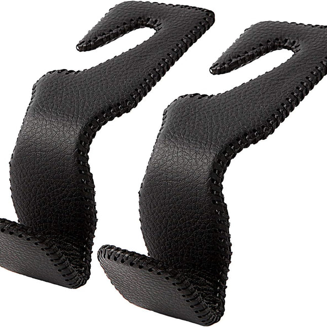 Headrest Hooks for Car, Back Seat Organizer Black Leather Hanger Holder Hook, for Hanging Purses and Bags and Coats, Pack of 2