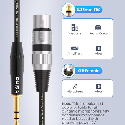 Tisino Female XLR to 1/4'' TRS Microphone Cable, 6.35mm Stereo Jack to 3-pin XLR Female Balanced Interconnect Microphone Cable - 3.3FT