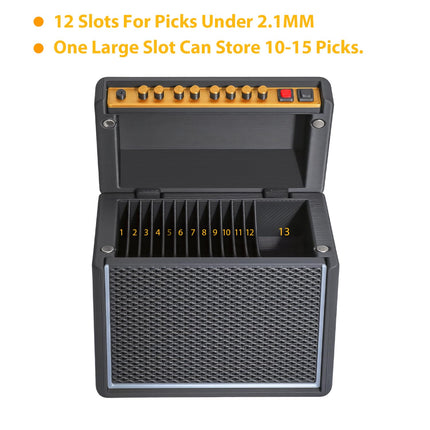 Guitar Picks Holder Box, Amp Speaker Styled Pick Holder with 5 Celluloid Guitar Picks, Guitar Pick Display Holder Storage Box Set for Guitar Players and Music Lovers