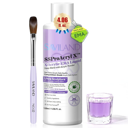 SAVILAND Pure EMA Monomer Acrylic Nail Liquid: 4 oz Pro Acrylic Monomer for Nails Extension with 12# Nail Brush Dappen Dish for Beginners DIY at Home Professional Salon Use