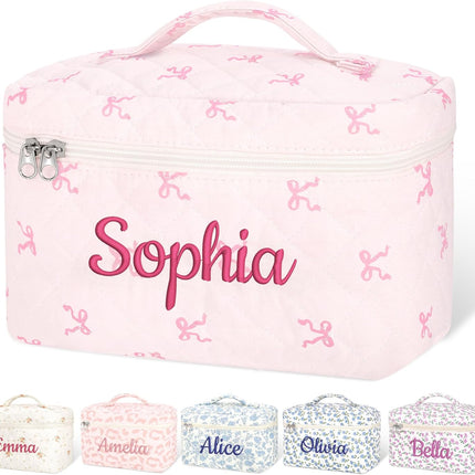 Personalized Large Quilted Makeup Bag for Women,Custom Cotton Travel Cosmetic Bag with Embroidered Name,Cute Toiletry Organizer Bag Bridesmaid Birthday Gift