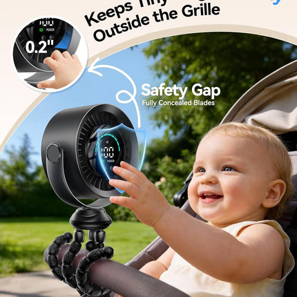 KIMMOO Portable Stroller Fan, 100 Speeds Quiet Rechargeable USB Fan with LED Display, 360° Adjustable Safe Clip Fan for Baby Stroller, Personal Cooling Fan for Golf Car Seat Treadmill Travel, Black