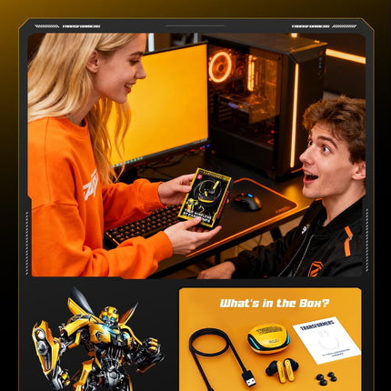 Transformers Official Bumblebee Wireless Gaming Earbuds, Bluetooth 6.0 Headphones, Open Mech Case with LED Lights, 24H Battery, IPX3 Waterproof, in-Ear Headphones for iPhone Android - Yellow