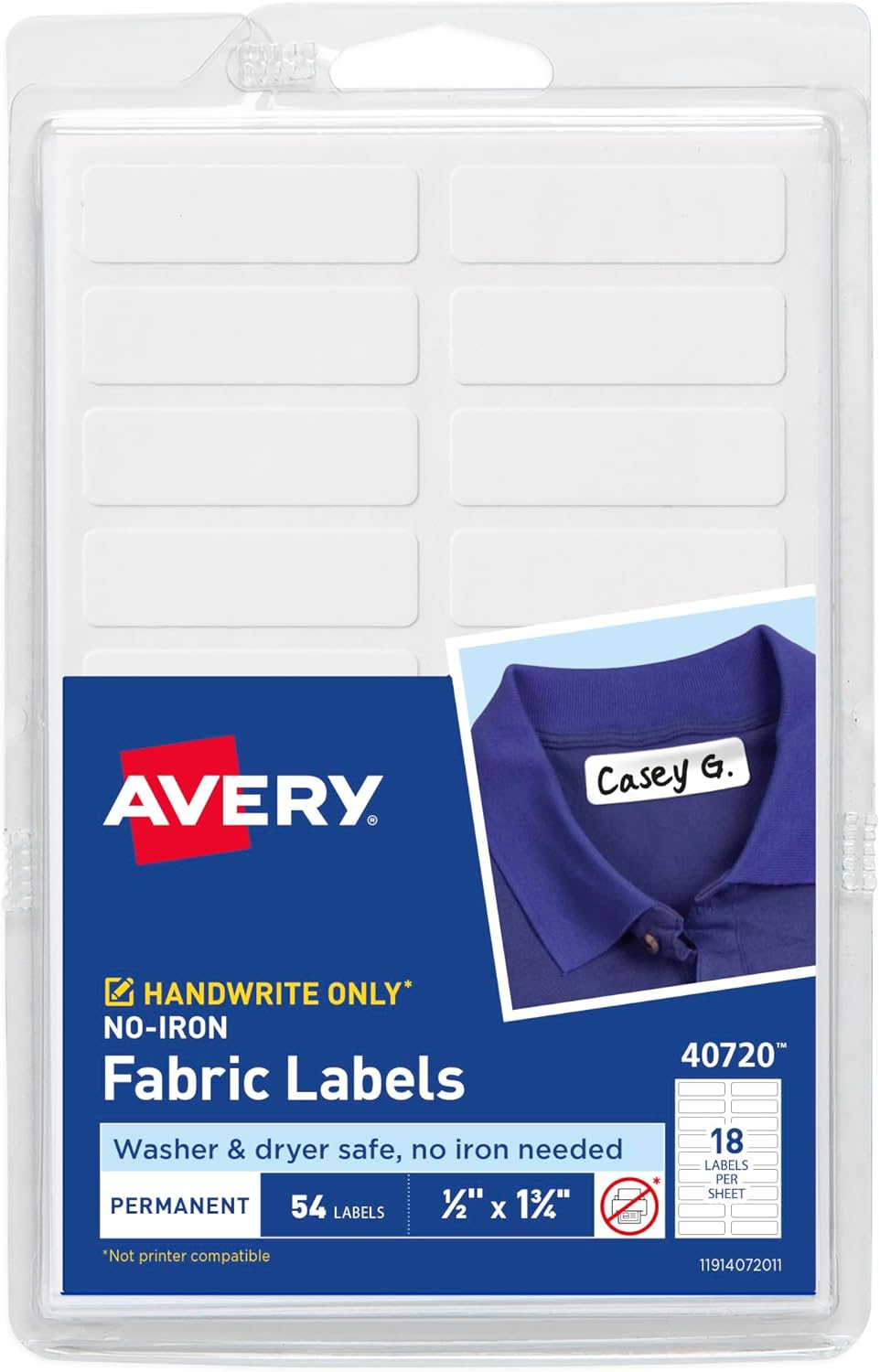 No-Iron Fabric Labels, 1/2" x 1-3/4", Washer and Dryer-Safe, 54 Total
