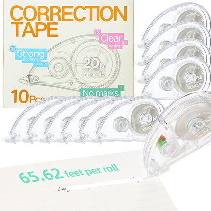 White Correction Tape, 10 Pack Bulk, Extra Long 65.62 Feet x 0.197 Inch, Strong Covering Power for Instant Corrections, Clear for Writing & No Marks for Copying, for School and Office