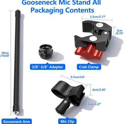 Gooseneck Microphone Stand, 19.69" Adjustable Mic Clip with 3/8" to 5/8" Adapter, Heavy Duty Metal Super Crab Desk & Pole Clamp Mic Holder Compatible with Shure/Fifine/AT2020/Pyle/Blue Snowball/Razer