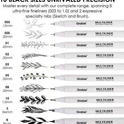 Grabie Black Ink Waterproof Multiliner Drawing Pen Set of 6, Professional Smudge-proof Archival Fineliners, Precision Micro-Line Pens for Artists, Sketching, Illustration, 6 Assorted Nib Sizes