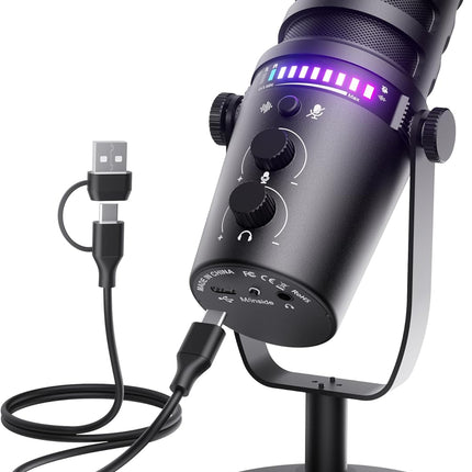 Gaming Microphone for PC, USB Computer Mic with Mute Button, LED Status Light, Gain Control and Headphone Jack, Plug-and-Play for Streaming, Discord, Twitch, YouTube, Podcast, Mac/Windows/PS5