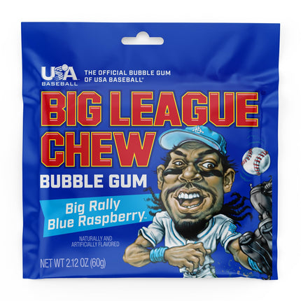 Big League Chew Big Rally Blue Raspberry Bubble Gum - Bold Blue Raspberry Blast | Perfect for Baseball Games, Teams, Concessions, Parties, and More | Pack of 12 Bags (2.12oz Each)