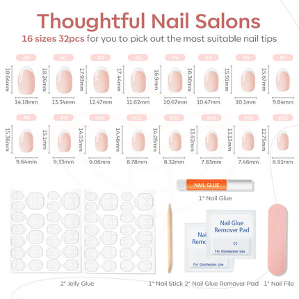 modelones French Tip Press On Nails, Short Oval Fake Nails Press Ons with Nail Glue, Adhesive Tabs, Nail File, Prep Pad, Manicure Stick, 32Pcs 16 Sizes, Nude, Spring Women Girl Gift