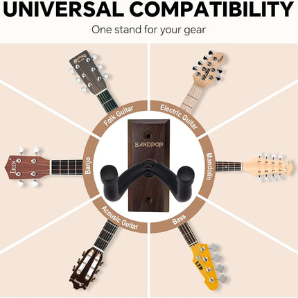 Bandpop Guitar Wall Mount - Solid Beech Wood Guitar Hanger with 5pcs Picks for Acoustic, Electric, Bass, Banjo, Mandolin