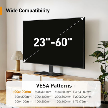 Perlegear Tabletop TV Stand, Universal TV Stand for 23–60 Inch LCD/LED/OLED TVs, Height-Adjustable TV Mount Stand with Tempered Glass Base & Cable Management, VESA 400x400mm, PGTVS02 ﻿