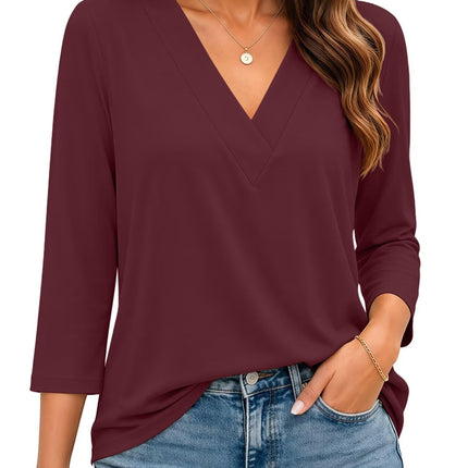 Womens 3/4 Sleeve V Neck Tops Loose Fit T Shirts Casual Blouses