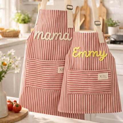 Personalized Mother's Day Apron, Custom Name Embroidered Apron for Women and Kids, Handmade Crochet Striped Kitchen Cooking Apron with Pocket, Unique Gift for Grandma Mom from Daughter Son