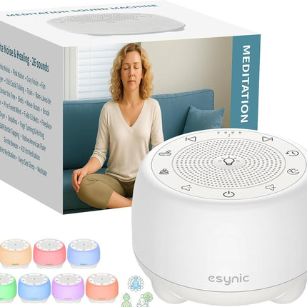 eSynic Rechargeable Tibetan Singing Bowl for Meditation-38 Sounds White Noise Machine with Night Light & 30H Battery-15-90 Timer-Wireless-Sound Healing Device for Yoga Sleep Therapy Stress Relief