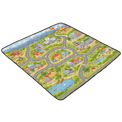 Cartoon City Map Road Baby Play Mat for Floor 50" X 50" Foldable Waterproof Non-Slip Playmat for Baby Playpen Quilted Crawling Mats Game Rug