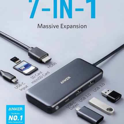 Anker USB C Hub, 7in1 Multi-Port USBC Hub with 4K HDMI, 85W PD, USB-C and 2 USB-A 5Gbps Data Ports, microSD and SD Card Reader, for MacBook Air, MacBook Pro, XPS, and More (Charger not Included)