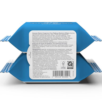 Amazon Basics Makeup Remover Wipes, Formulated without Fragrance and Alcohol-Free, Gentle Cleansing, Removes Waterproof Mascara, Dermatologist Tested, 25 Count, Pack of 2