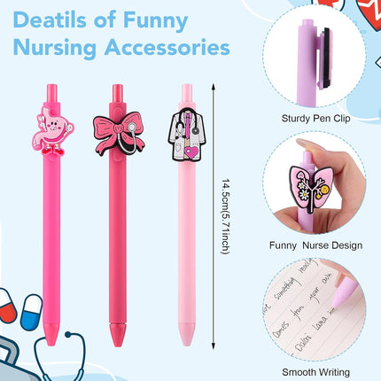 BESARME 24 Pcs Cute Nursing Week Gifts for Women, Funny Nurse Pens Bulk Medical Assistant Accessories for Office Coworkers Gel Pen Black Ink Medical Assistant Nursing Student Gifts