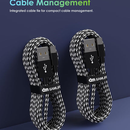 6amLifestyle PS4 Charger Cable for Controller, 2 Pack 10ft Micro USB Nylon Braided Cord, Micro USB Wire for PlayStation 4, Cables Slim/Pro, Xbox One S/X Controller, Android Phones, 2 Pack Black