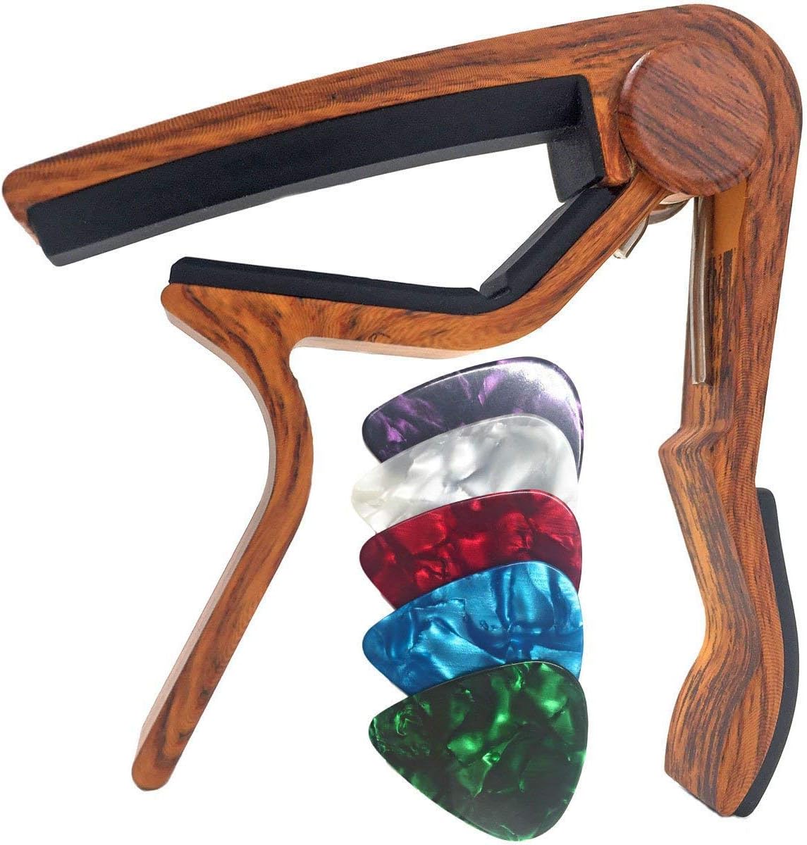 Guitar Capo for Acoustic and Electric Guitars - Rosewood Color with 5 Picks