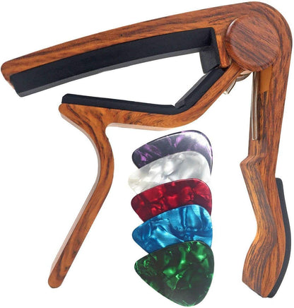 Guitar Capo for Acoustic and Electric Guitars - Rosewood Color with 5 Picks
