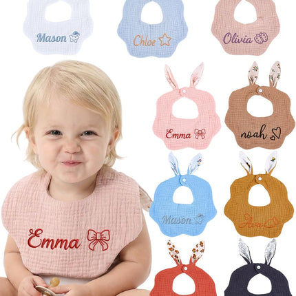 Custom Baby Bib for Boy Girl, Four Layers of Textured Thin Cotton Crepe Bibs for Eating Drool Feeding, Bunny Ears Petal Bibs with Name for Newborn, Birthday, Prenatal Gift, Children's Day