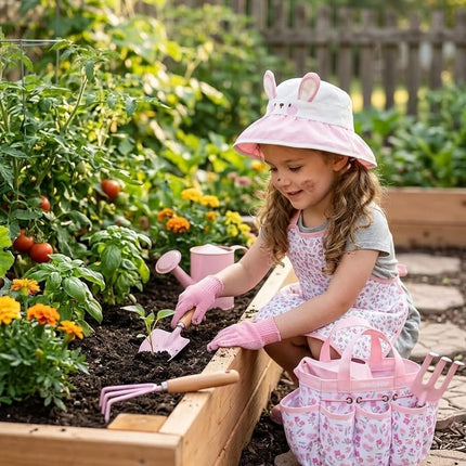 Kids Gardening Tool Set Toys - 8 Pieces Quality Garden Kit for Toddlers & Kids with Shovels, Rake, Watering Can, Hat, Apron, Gloves & Storage Bag (Pink Flower)