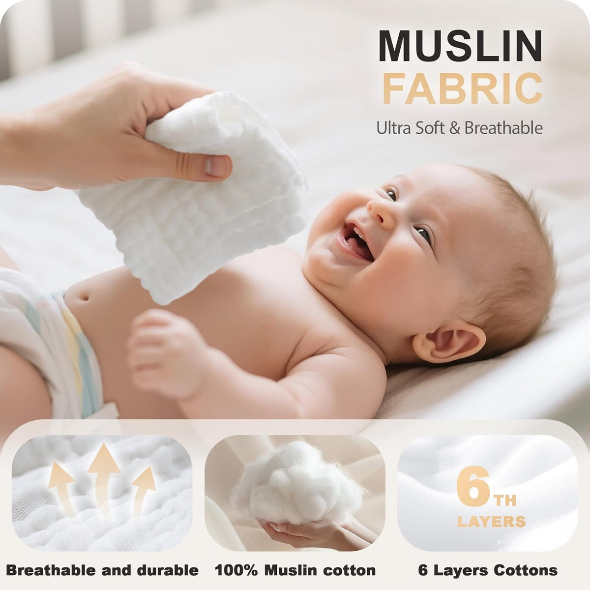 Baby Washcloths 6 Packs, Muslin Washcloths Baby,Cotton Burp Cloths, Extra Absorbent and Soft Wash - photo 3