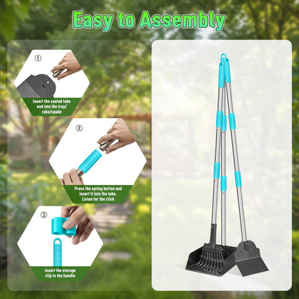 Pooper Scooper and Adjustable Long Handle Dog Pooper Scooper with Spade Shovel, Tray & Rake for Lawns Heavy Duty, Stainless Metal Large Medium Small Pet Supplies on Grass Dirt or Gravel.
