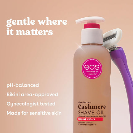 eos Cashmere Shave Oil – Coconut Waters, Moisturizing Shave Oil with Shea Butter & Glycerin, Helps Prevents Irritation & Razor Burn, Vegan, 6 fl oz