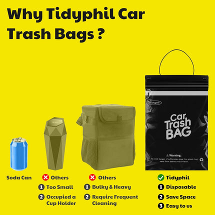 50 Bags Tidyphil Hanging Car Trash Bags Disposable, Leak-proof, Odor Seal. 2 Gallon Car Garbage Bags. Alternative to Car Trash Can, Easy Stick-On Car Garbage Can for Car,SUV, Truck, Vehicle, Stroller.