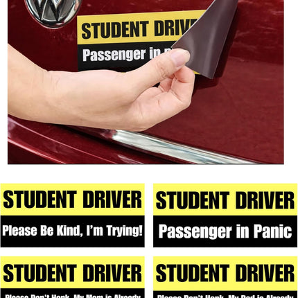 Funny Student Driver Magnetic Car Sign 4 Pack – Bumper Magnet Sticker for Car, Removable Vehicle Warning Magnet, Teen New Driver Safety Sign, Weatherproof Magnetic Car Decal for Beginner