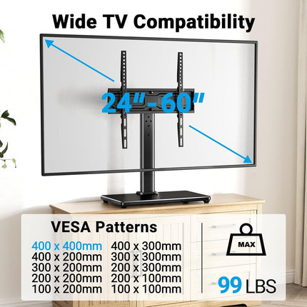 PERLESMITH Universal Swivel TV Stand for 24-60 inch TVs up to 99 lbs, 12 Height Adjustable Table Top TV Stand, TV Base Stand with Tempered Glass Base, Max VESA 400x400mm, PSTVS33