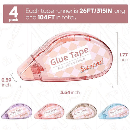 Secopad Scrapbook Tape, 4 Pack Double Sided Tape Roller for Crafts, Adhesive Glue Runner Scrapbooking Supplies Journaling School Office Teacher Supplies for Kids and Adults, 0.3IN x 26FT