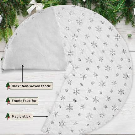 48 Inches Faux Fur Christmas Tree Skirt, Silver Sequin Snowflake