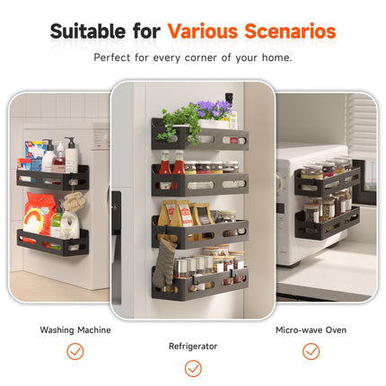 4-Pack Magnetic Spice Rack for Refrigerator with Hooks, Black