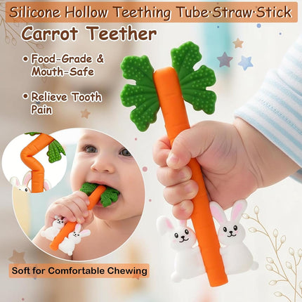 Baby Teething Toys Silicone Carrot Rabbit Hollow Teething Tubes -Sensory Chew Toys Over 3 Months - Teether Straws for Teething Relief -BPA Free Infant Toys Baby Shower Gifts Baby Essentials (1)
