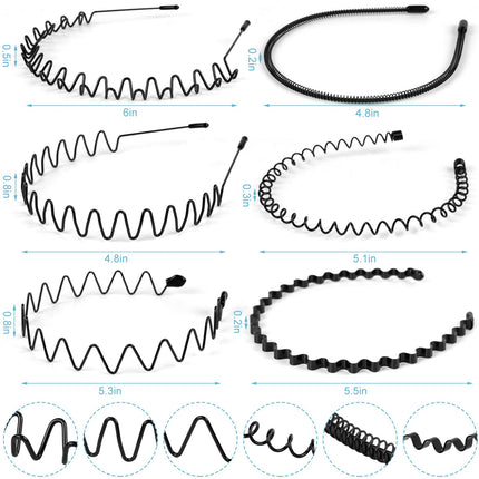 6PCS Metal Hair Bands, Spring Wavy Hoop Unisex Black Headband Slicked Back Non Slip Sports Hairband for Women Men…