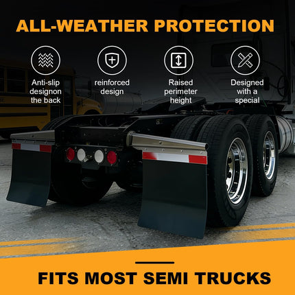 24"x24" Black Polymer Mud Flaps with 24"x3" Reflective Tape, Universal Fit for Semi Trucks, Trailers & Heavy Duty Vehicles, All-Weather Protection, 2 Pack