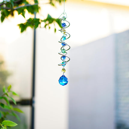 20.5in Sea Blue Crystal Gazing Ball Spiral Wind Spinner Suncatcher