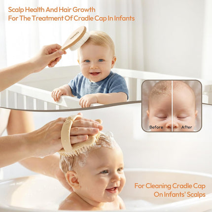 Baby Brush and Comb Set - 4 Piece Wooden Soft Bristle Hairbrush for Newborns, Baby Brush for Cradle Cap - Essentials Care Kit - Baby Shower Gift for Boys & Girls