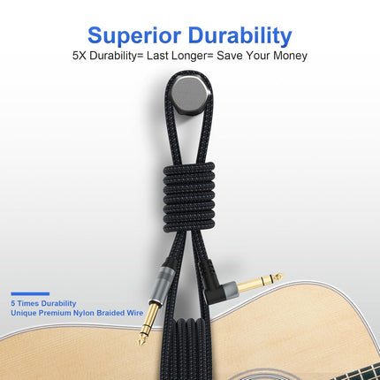 2 Pack Premium TRS Cable 10FT, 1/4 Inch TRS Cable- Noise Free and Long-Lasting Stereo 1/4 Audio Cable, Balanced Interconnect Line for Electric Guitar, Mixer, Studio Monitor, Right Angle