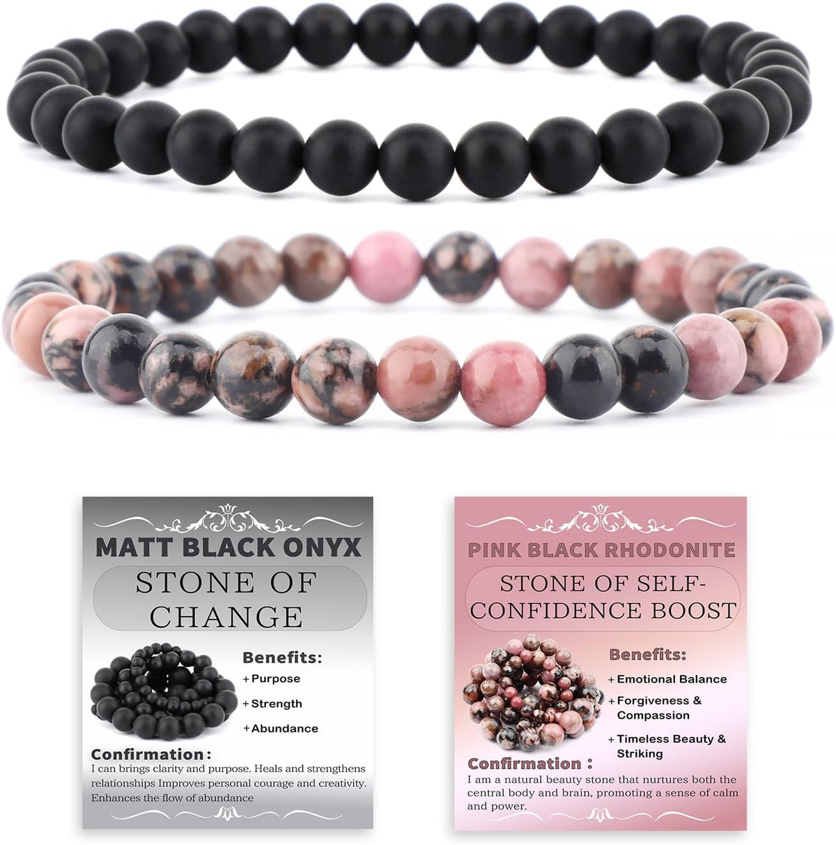 2-Piece 6mm Natural Crystal Gemstone Stretch Bracelets - Pink Black Rhodonite and Matte Black Agate