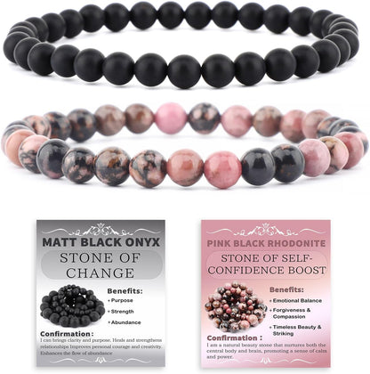 2-Piece 6mm Natural Crystal Gemstone Stretch Bracelets - Pink Black Rhodonite and Matte Black Agate