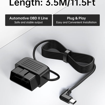 OBD OBD2 Power Cable for Dash Camera, OBDII to USB C Adapter Hardwire Kit 24 Hours Surveillance with Low Voltage Protection(11.6V Auto-Cutoff) for Dashcam, GPS, Radar, 12-36V to 5V/3A (3.5m/11.5ft)